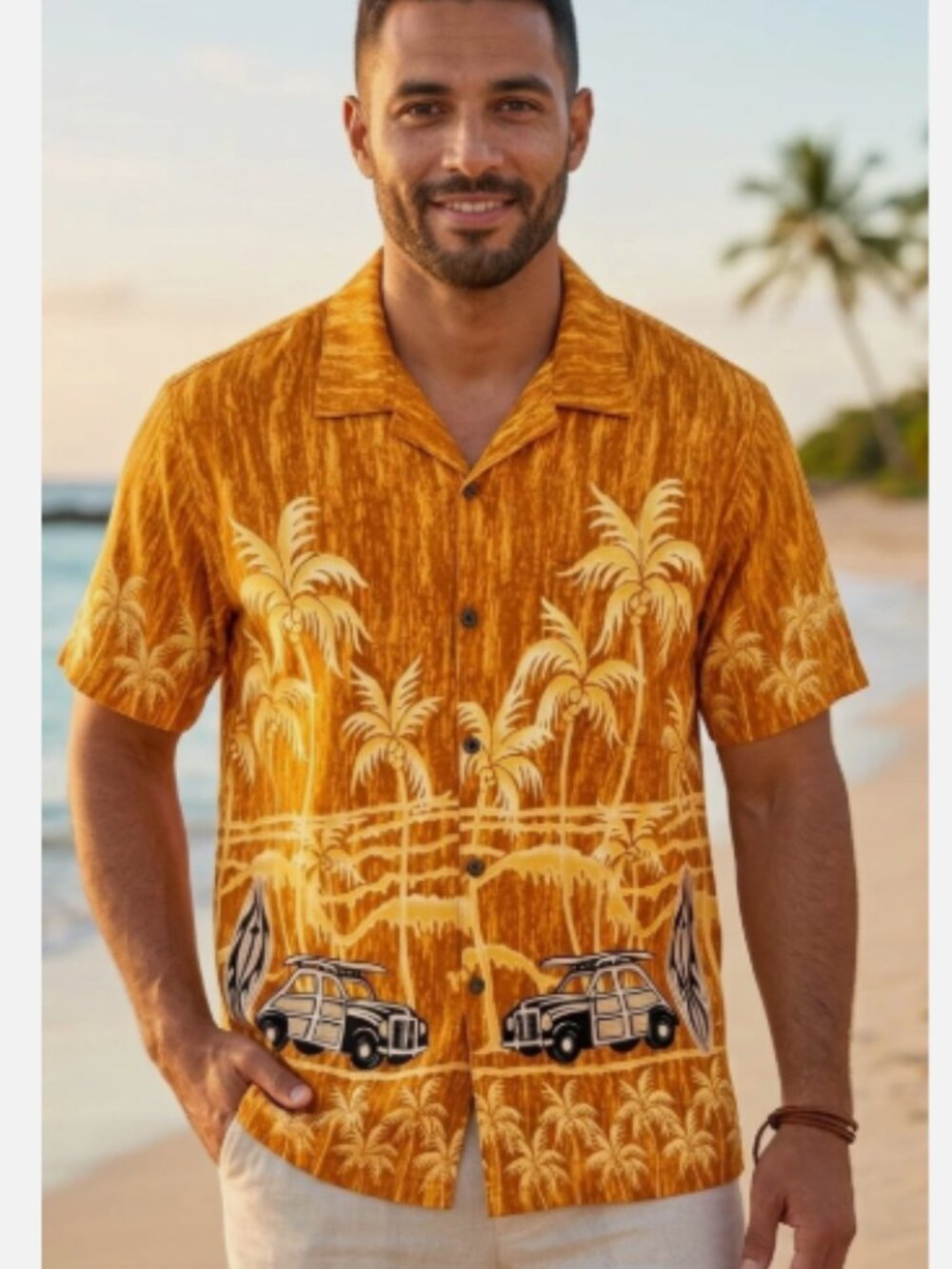 Malibu Dreams Men Size M Rayon Aloha Shirt Summer Surfboard Woody Wagon Vintage